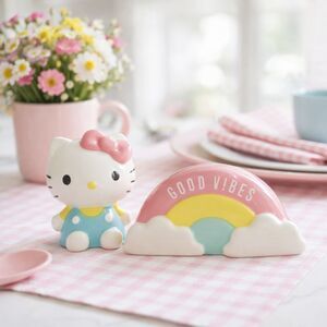 Brand New / Unopened Hello Kitty Good Vibes Ceramic Salt & Pepper Shakers 4" #H